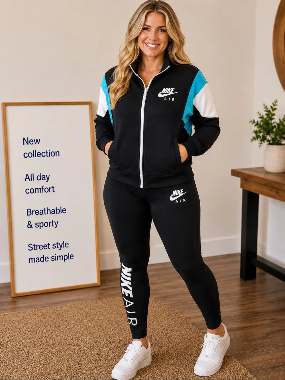 Nike Air women's Black leggings with Nike Air black blue, and white jacket EUC